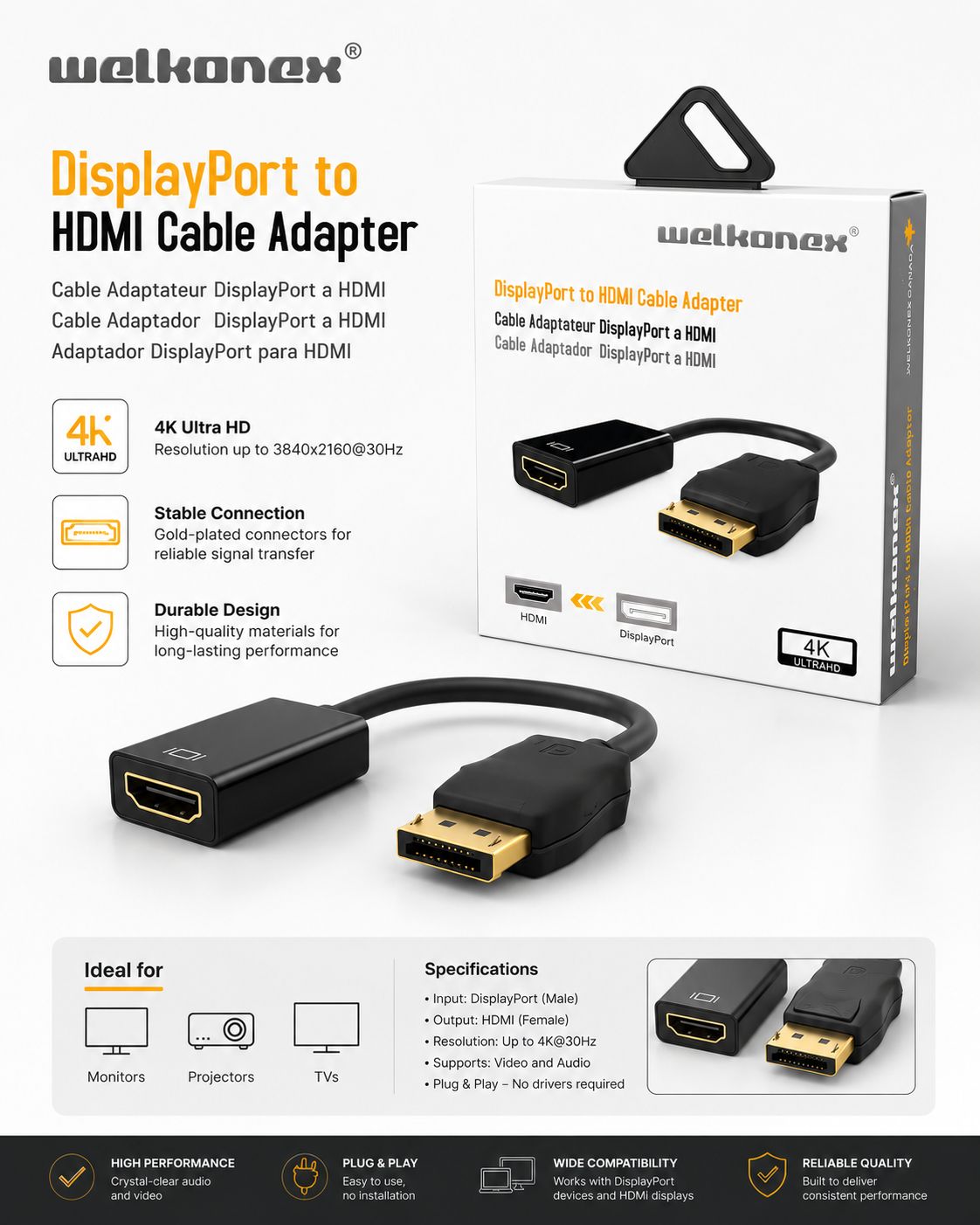 ADAPTADOR DISPLAYPORT A HDMI 15CM MACHO/HEMBRA