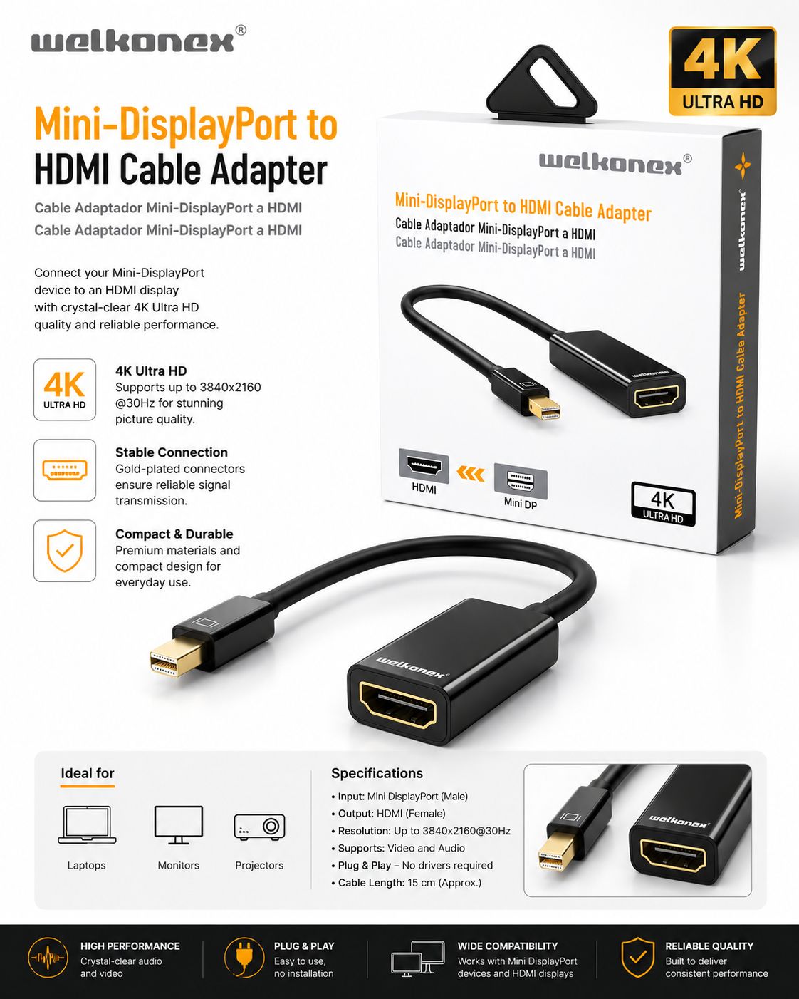ADAPTADOR	MINI DISPLAYPORT A HDMI 15CM 1080p