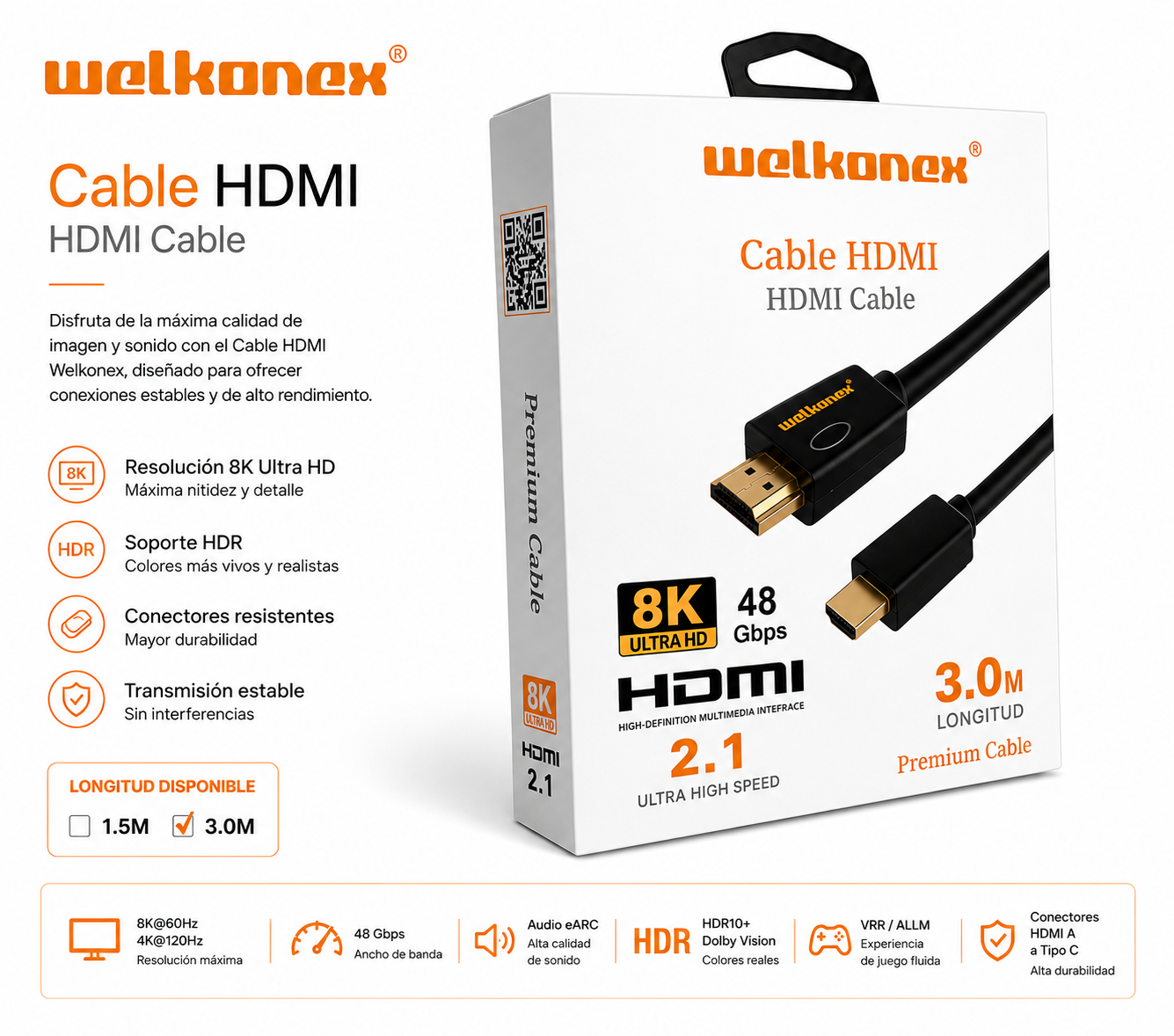 CABLE HDMI V2.1 8K 3M WELKONEX