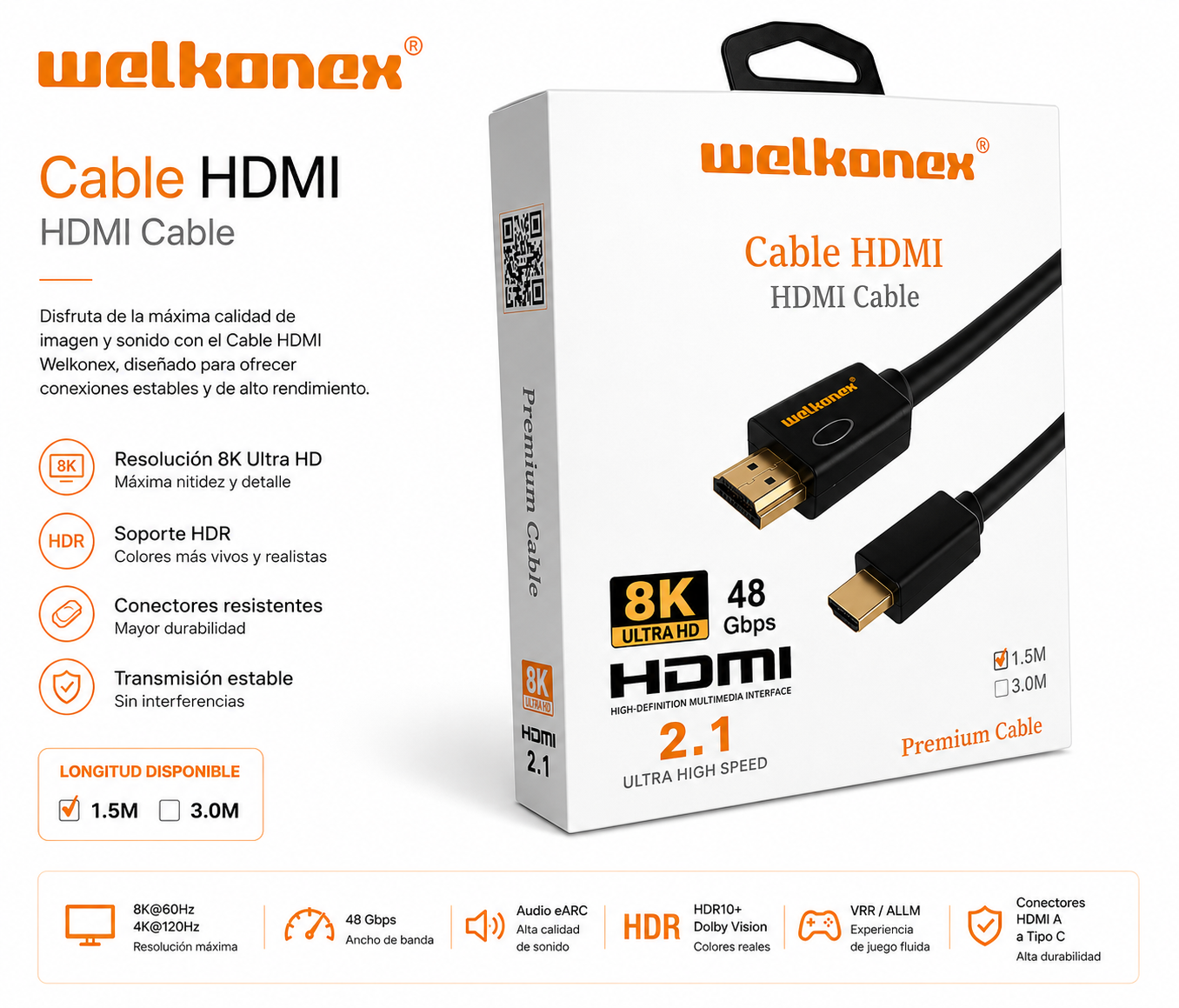 CABLE HDMI V2.1 8K 1.5M WELKONEX