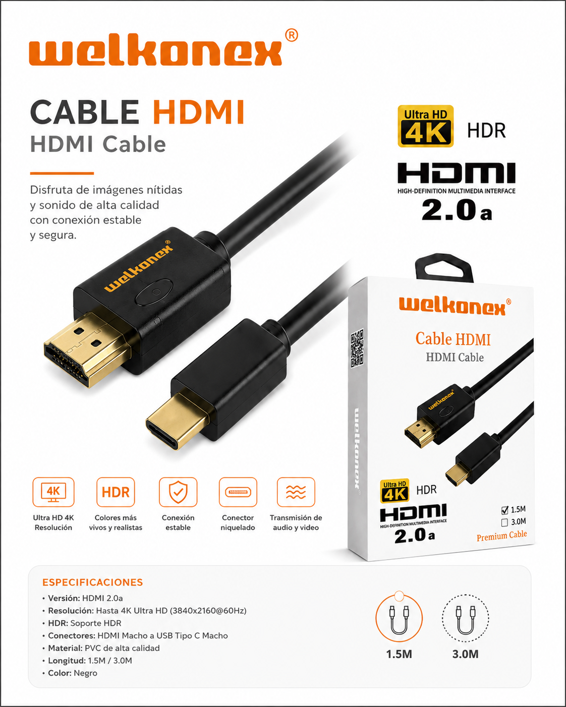 CABLE HDMI A HDMI 4K 1.5 M