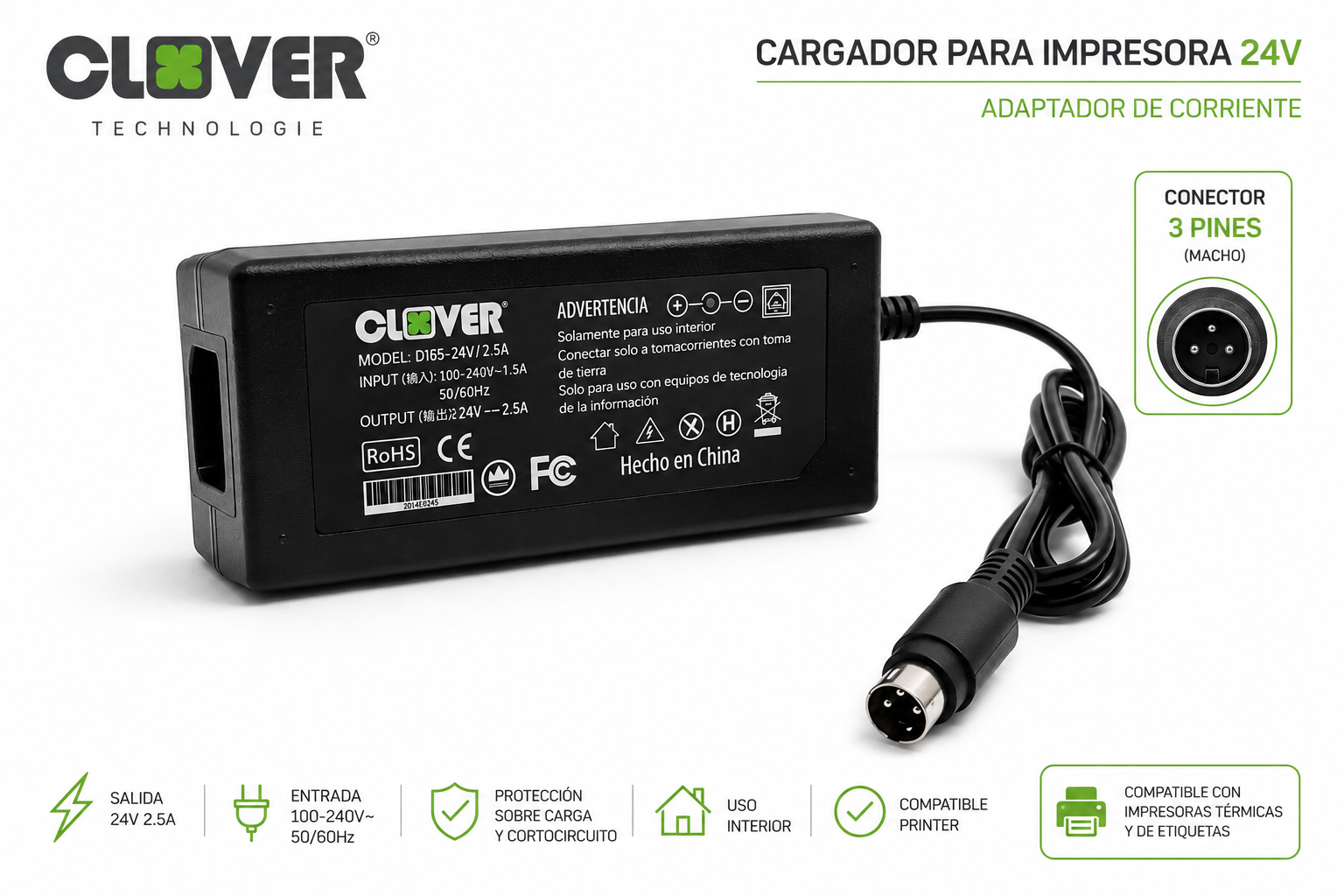 Cargador para Impresora Térmica 24V – Conector 3 Pines