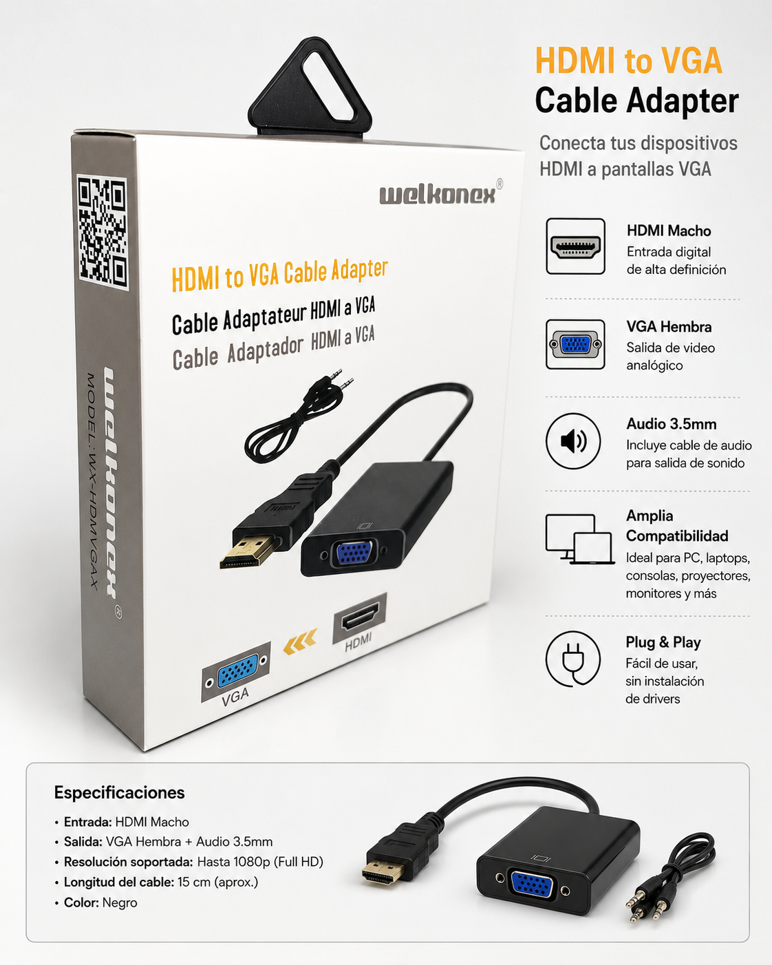 CONVERSOR HDMI A VGA CON AUDIO 15CM